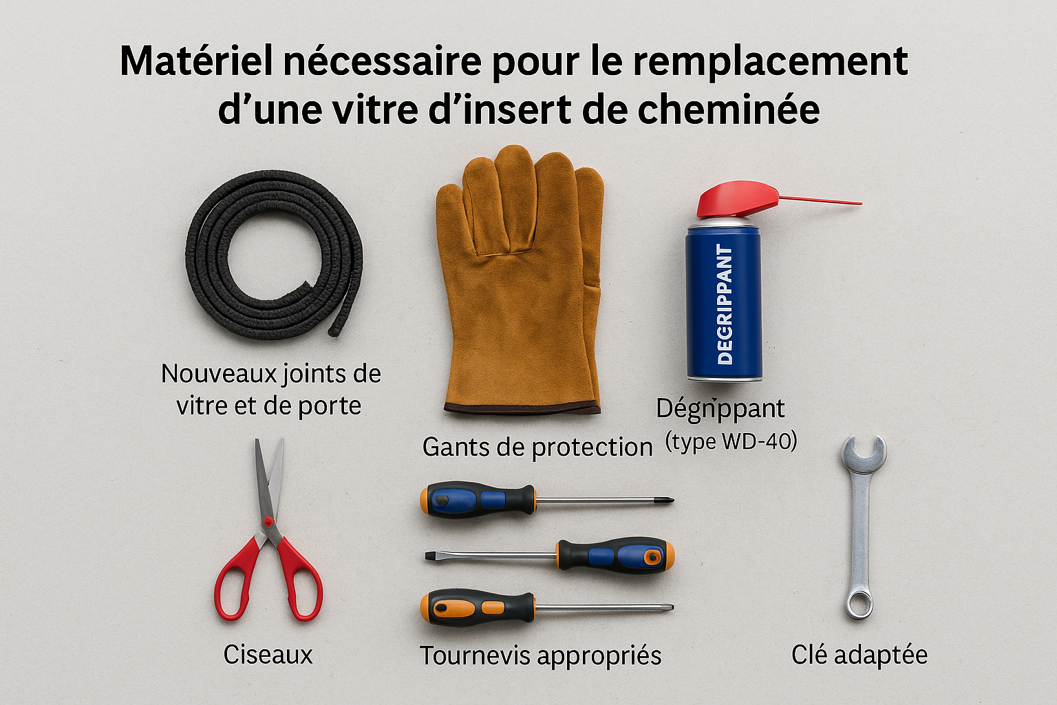 Gants des Grippen, ciseaux, tournevis clés, adaptés et nouveaux joints sont les matériels nécessaires pour changer une vitre d'insert